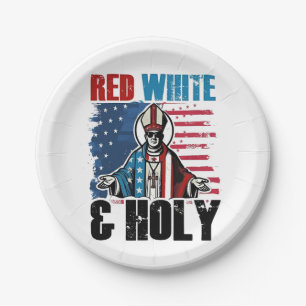 Red White and Holy Pope Leo XIV, 4th of July Paper Plate