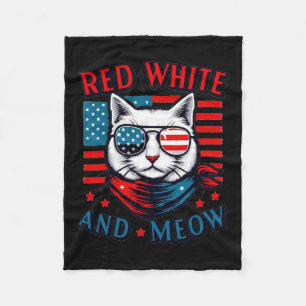 Red White And Meow Cat American Flag 4th Of July M Fleece Blanket