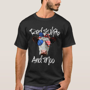 Red White And Moo Cow Messy Bun Usa Flag 4th Of Ju T-Shirt