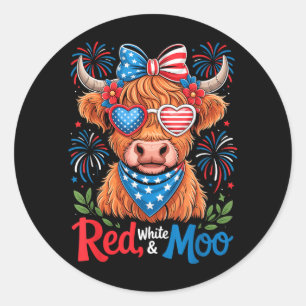 Red White And Moo Highland Cow 4th July 250 Years Classic Round Sticker