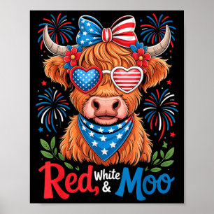 Red White And Moo Highland Cow 4th July 250 Years Poster