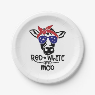 Red White and Moo Patriotic Cow Fourth of July Paper Plate
