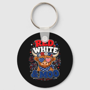 Red White And Moo Patriotic Highland Cow July 4th Key Ring