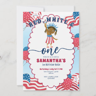 Red White and One 4th of July Girl 1st Birthday Invitation