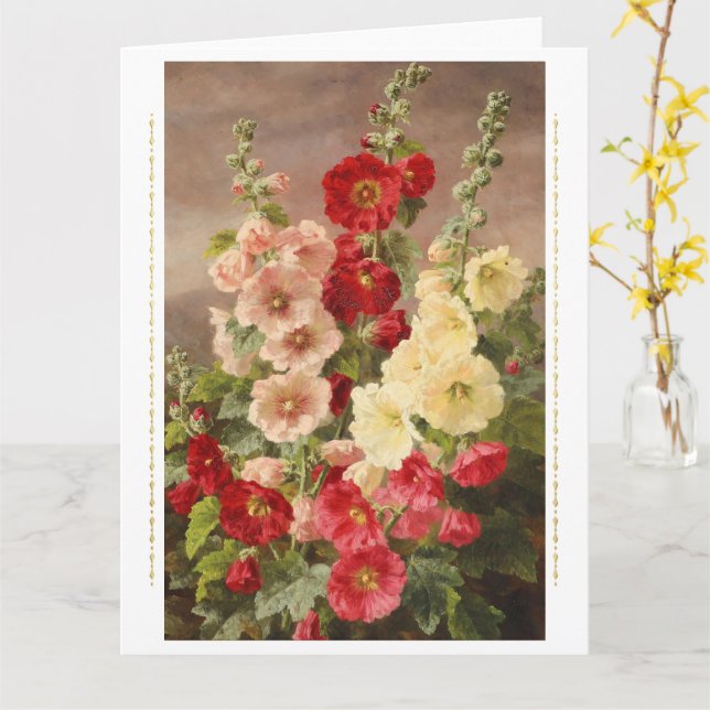 Red, white and pink hollyhocks, Christensen Card (Yellow Flower)