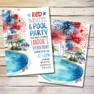 Red, White and Pool Party Patriotic Birthday Invitation