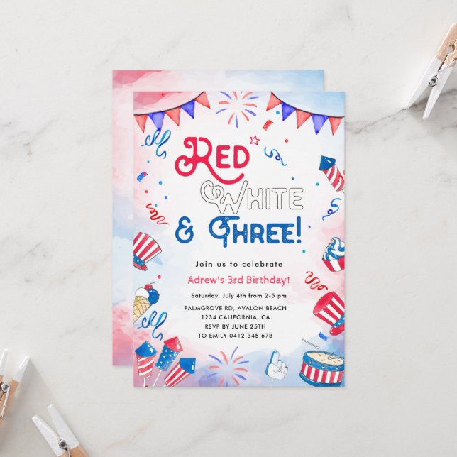 Red, White, and THREE - 4th of July 3rd Birthday Invitation (Front/Back In Situ)
