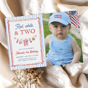 Red White and Two 4th of July 2nd Birthday Photo Invitation
