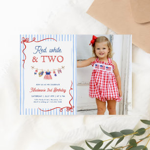 Red White and Two 4th of July 2nd Birthday Photo Invitation