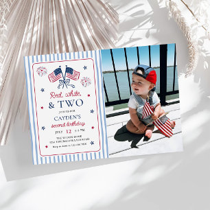 Red White and Two 4th of July 2nd Birthday Photo Invitation