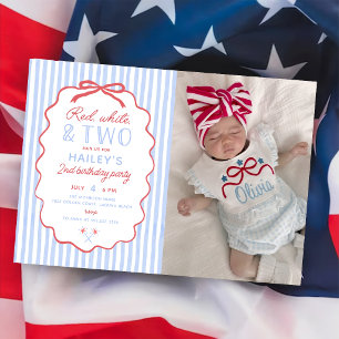 Red White and Two 4th of July 2nd Birthday Photo Invitation