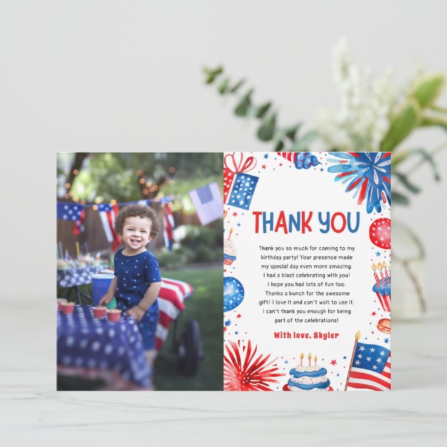 Red White and Two 4th Of July Summer Birthday Thank You Card (Standing Front)