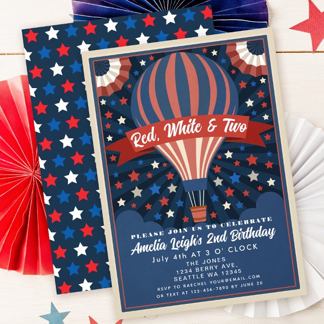 Red White and Two Balloon July 4th Kids Birthday Invitation (Creator Uploaded)