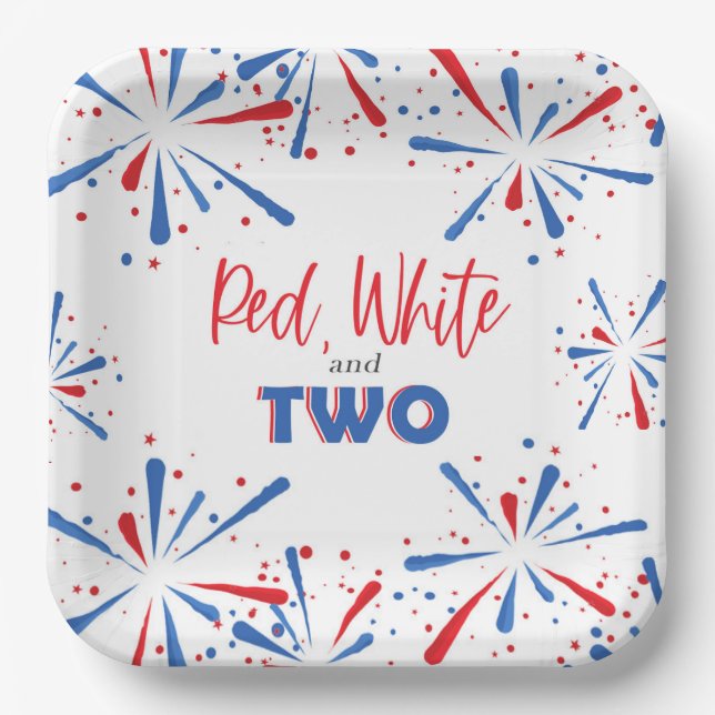 Red White and Two Birthday Firework Plates (Front)