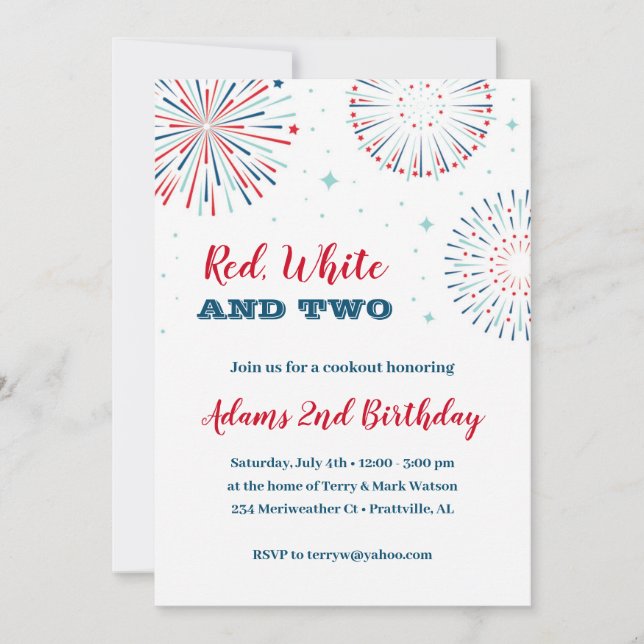 Red, White and Two Birthday Invitation (Front)