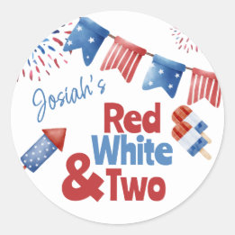 Red White and Two Birthday Party Classic Round Sticker