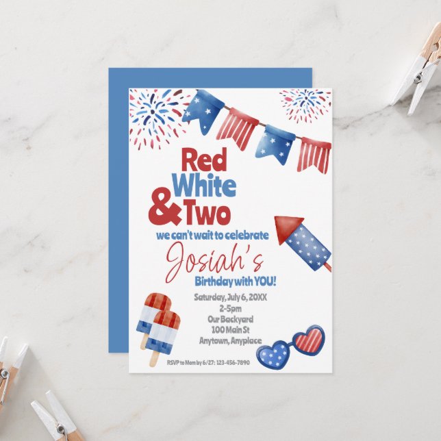 Red White and Two Birthday Party Invitation (Front/Back In Situ)