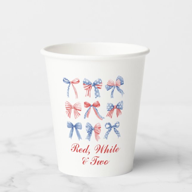 Red, White and Two Bows fourth of July birthday Paper Cups (Front)