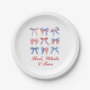 Red, White and Two Bows fourth of July birthday Paper Plate