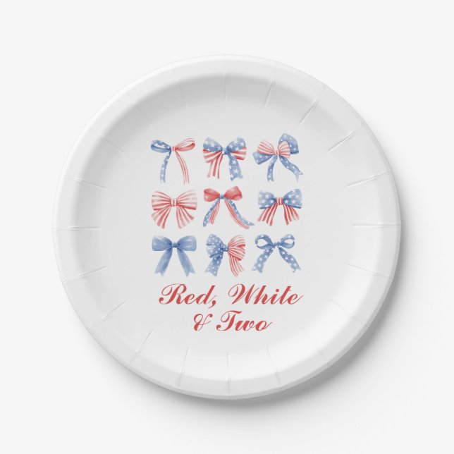 Red, White and Two Bows fourth of July birthday Paper Plate (Front)