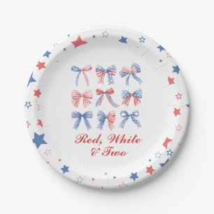 Red, White and Two Bows fourth of July birthday Paper Plate