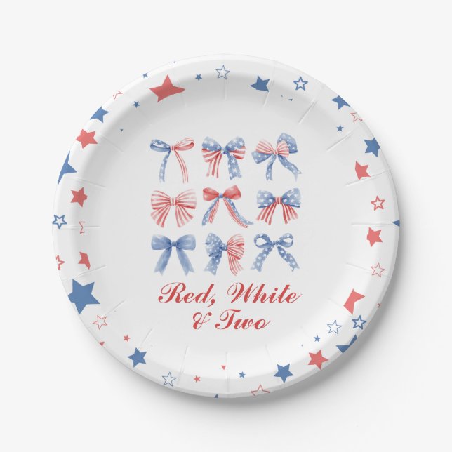 Red, White and Two Bows fourth of July birthday Paper Plate (Front)
