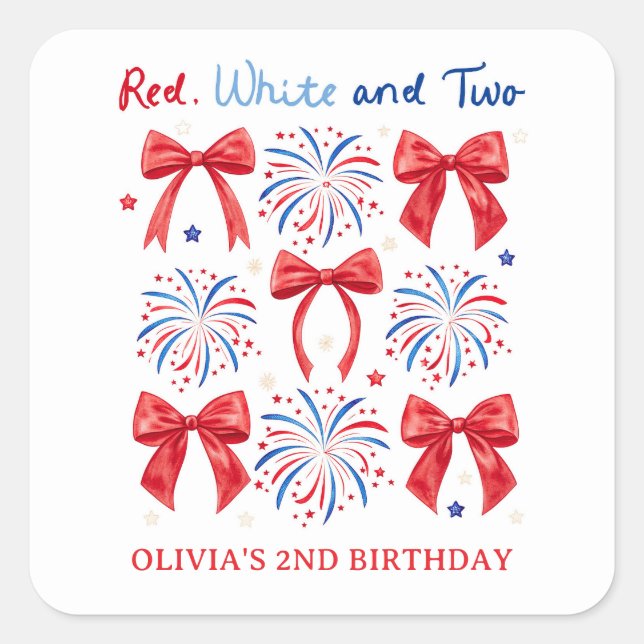 Red White and Two July Girl 2nd Birthday Party Square Sticker (Front)