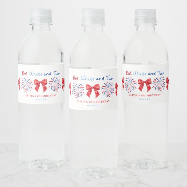 Red White and Two July Girl 2nd Birthday Party Water Bottle Label (Bottles)