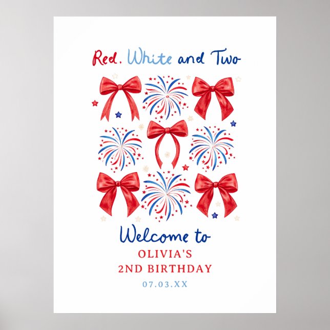 Red White and Two July Girl 2nd Birthday Welcome Poster (Front)