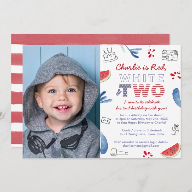Red White And Two Long Distance 2nd Birthday Party Invitation (Front/Back)