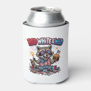 Red White and Wild Racoon 4th of July Can Cooler