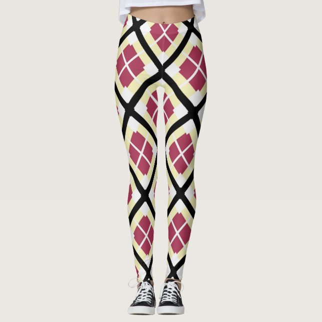 Red White and Yellow Diamond Geometric Pattern Leggings (Front)
