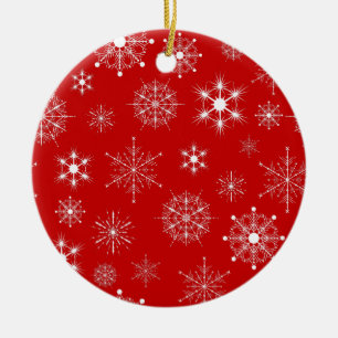 Red & White Assorted Christmas Snowflakes Pattern Ceramic Tree Decoration
