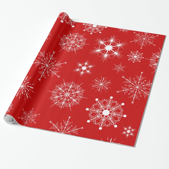 Red & White Assorted Christmas Snowflakes Pattern Wrapping Paper (Unrolled)