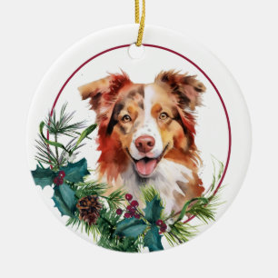 Red White Australian Shepherd Dog Evergreen Wreath Ceramic Tree Decoration