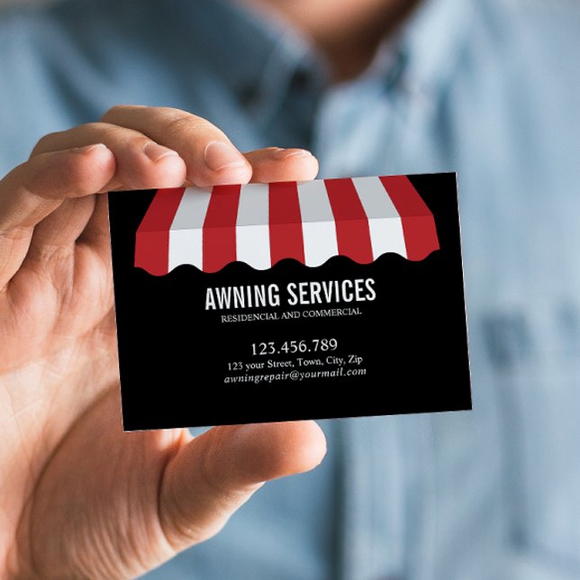 Red  White Awning Services Cleaning Professional Business Card (Red and White Eye-Catching Networking Card for Awning Business Services Listed on Back)