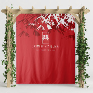 Red & White Bamboo Leaves Chinese Wedding Backdrop Tapestry
