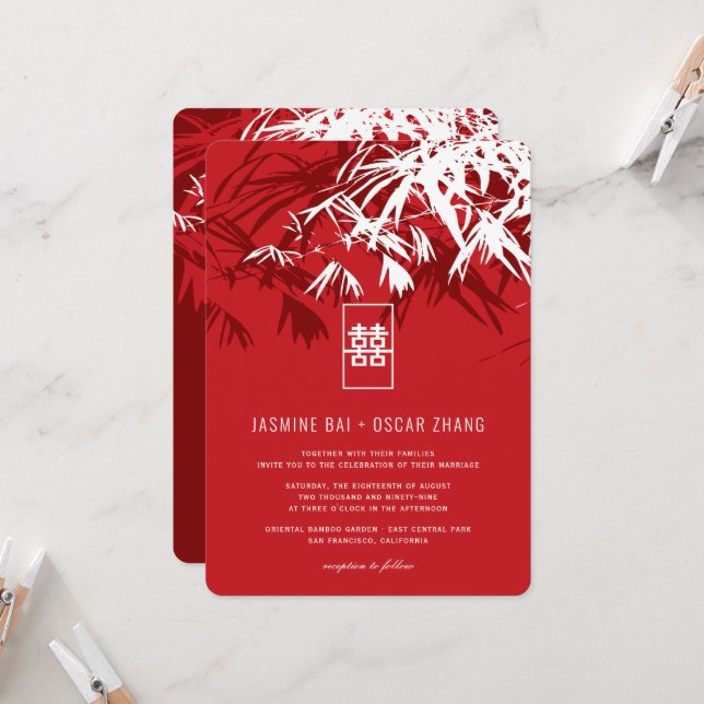 Red White Bamboo Leaves Double Xi Chinese Wedding  Invitation (Front/Back In Situ)