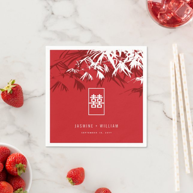 Red/White Bamboo Leaves Double Xi Chinese Wedding Napkin (Insitu)