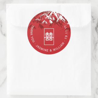 Red & White Bamboo Leaves Modern Zen Asian Wedding Classic Round Sticker
