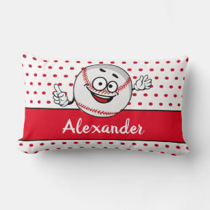 Red White Baseball funny face monogram name Lumbar Lumbar Cushion