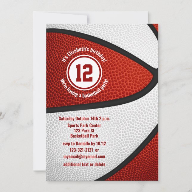 red white basketball girls boys birthday party invitation (Front)