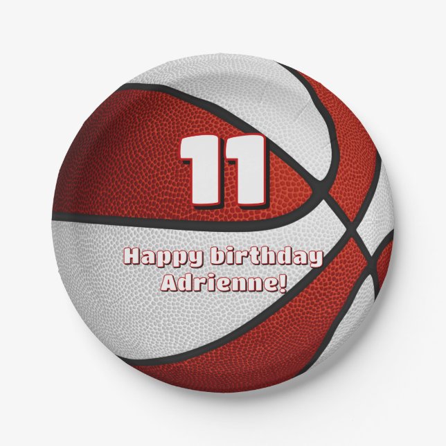 red white basketball girls sports party paper plate (Front)