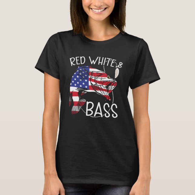 Red White & Bass American Flag 4th Of July Fishing T-Shirt (Front)