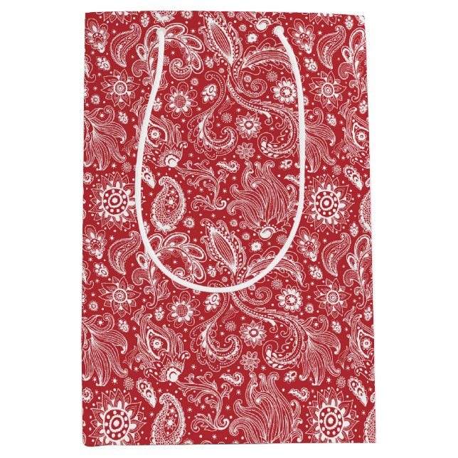 Red white batik boho style floral paisley pattern medium gift bag (Front)
