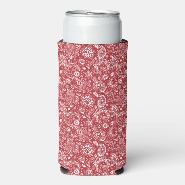 Red white batik boho style floral paisley pattern seltzer can cooler (Seltzer Front)