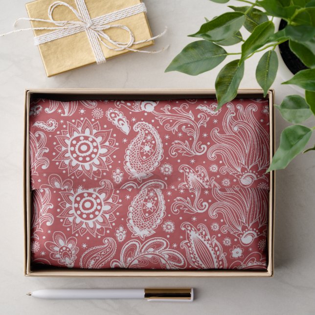 Red white batik boho style floral paisley pattern tissue paper (Gift)