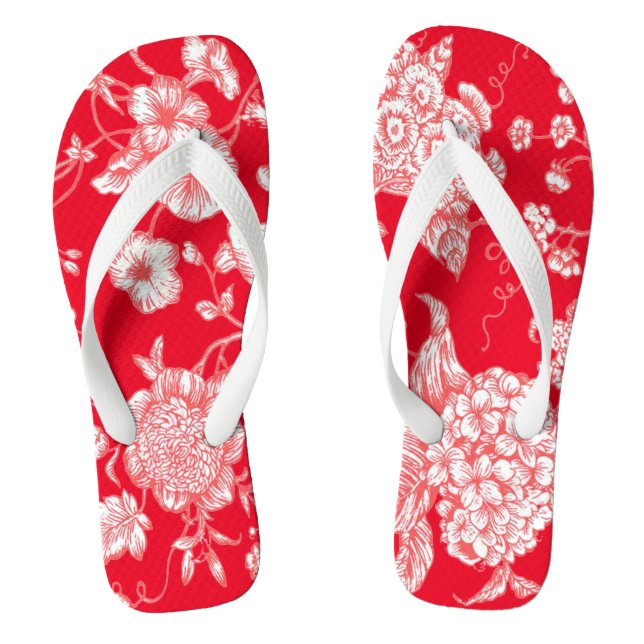 Red White Beautiful Toile  Flip Flops (Footbed)