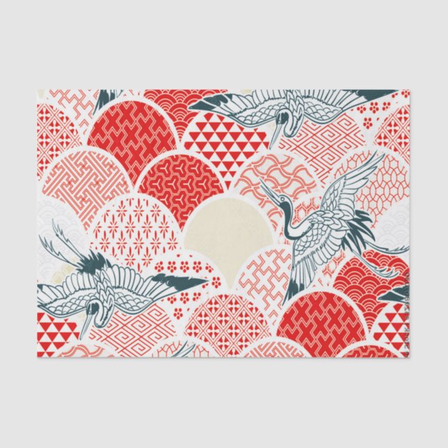 Red White Bird Japanese Kimono Floral Decoupage Tissue Paper (Front)