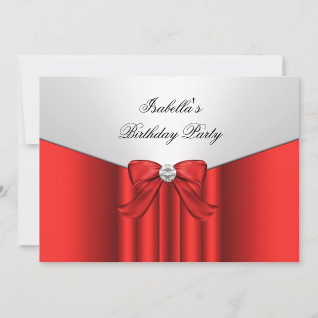 Red White Birthday Party Diamond Bow Invitation (Front)